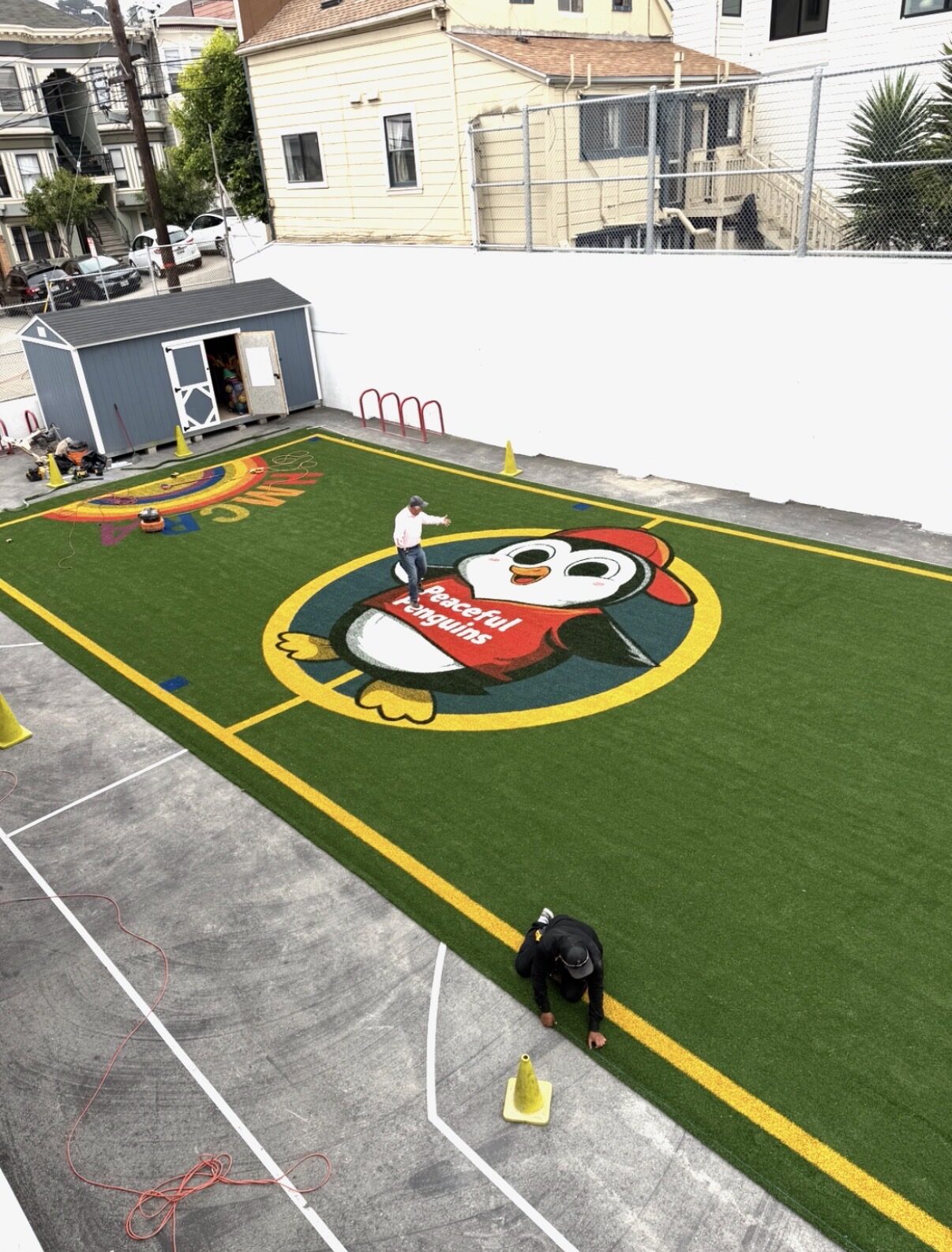 Full view of the Pivot soccer field at Harvey Milk, San Francisco, with lines and logo built in